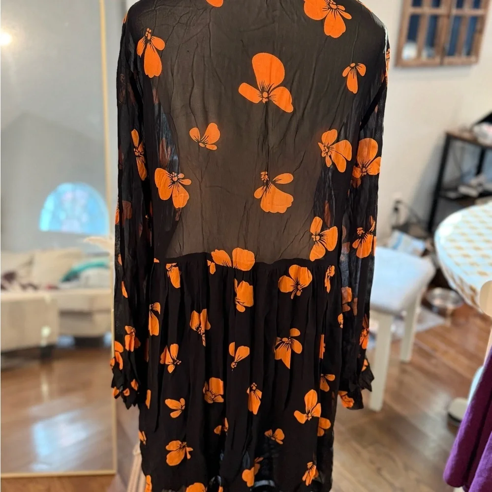Ganni Black Sheer Dress with Orange Floral Design Lined on Bottom - Picture 12 of 15